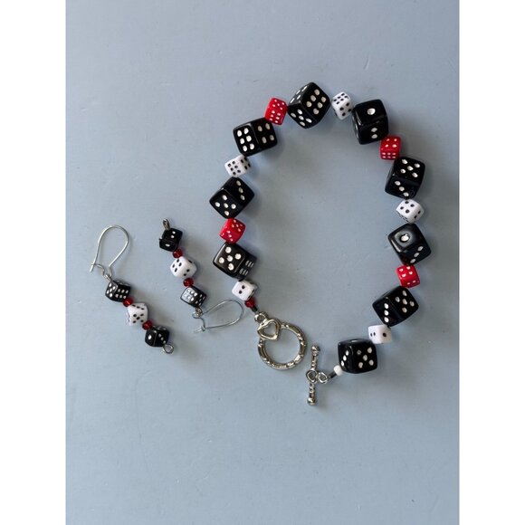 Dice-Themed Bracelet & Earrings Set With Toggle Clasp & Drop Earrings In Black W - Picture 4 of 8